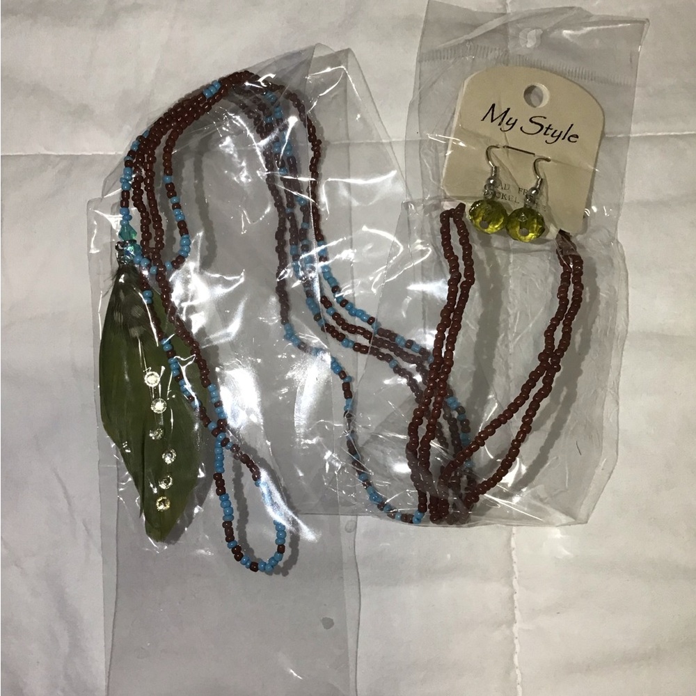 Brown & Turquoise Beaded Necklace W/Green Feather Pendant and Matching Earrings